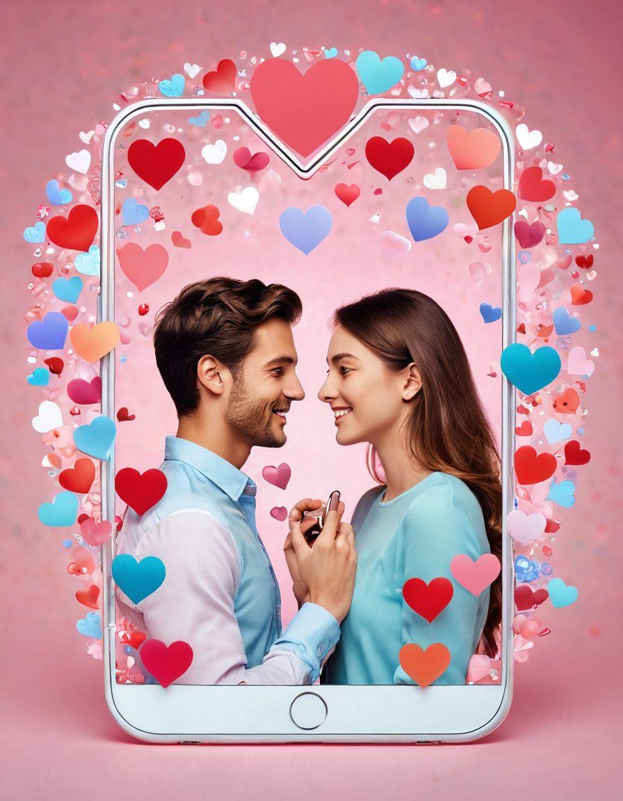 A loving couple emerging from a smartphone screen in a heart-shaped frame, surrounded by floating digital hearts and romantic icons symbolizing online matchmaking. The background should feature soft pastel colors that evoke warmth and connection, with subtle glimmers of light to enhance the feeling of romance. Include elements like chat bubbles filled with affectionate message snippets, creating a sense of dialogue leading to lasting love. vibrant colors. super-realistic. heartwarming.