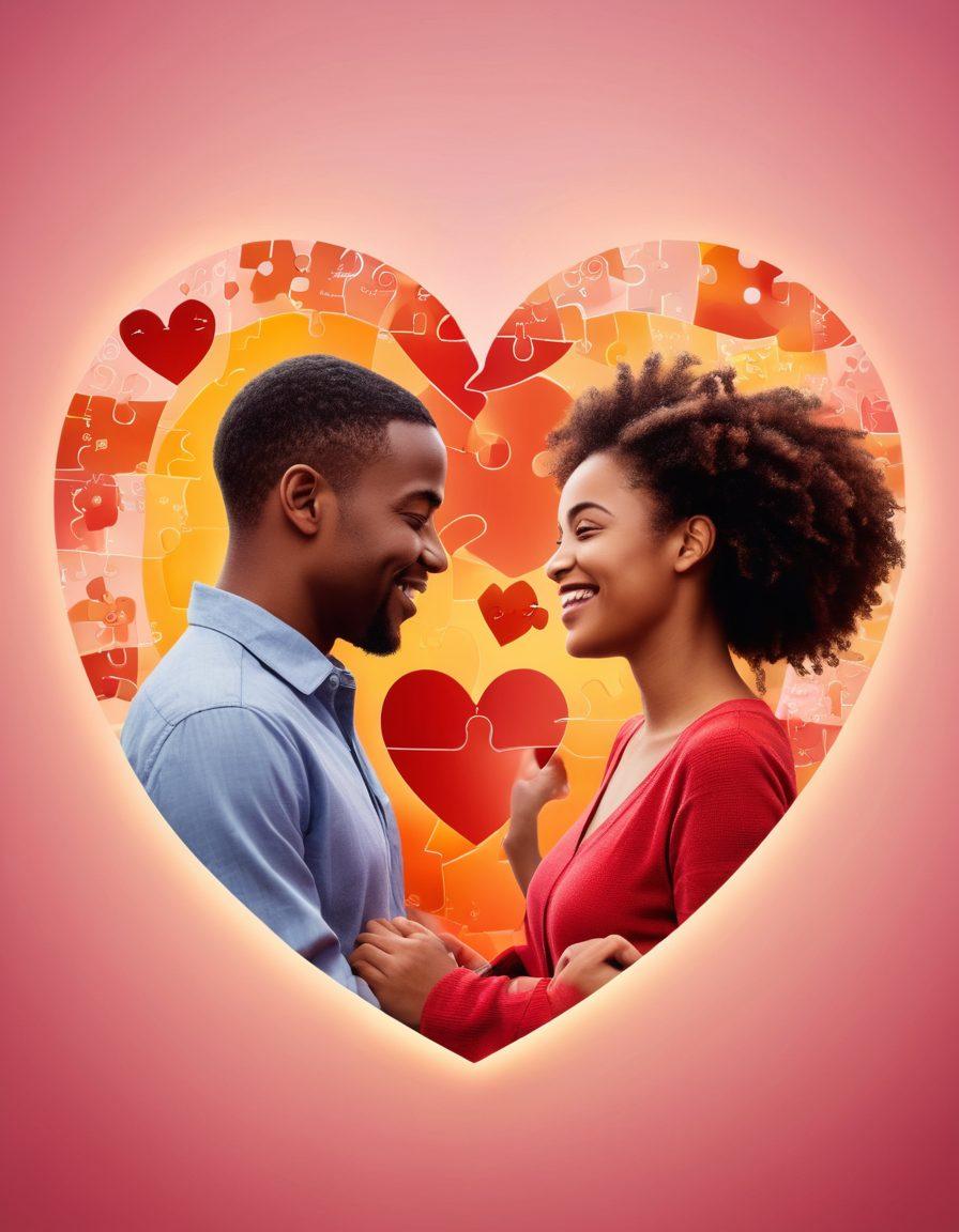 A charming scene of a diverse couple happily engaged in a heart-shaped puzzle, surrounded by glowing digital icons representing online matchmaking. The background features a soft gradient of warm colors, capturing a feeling of romance and connection. Include elements like hearts, smartphones, and swirling lights to symbolize love in the digital age. vibrant colors. soft focus.