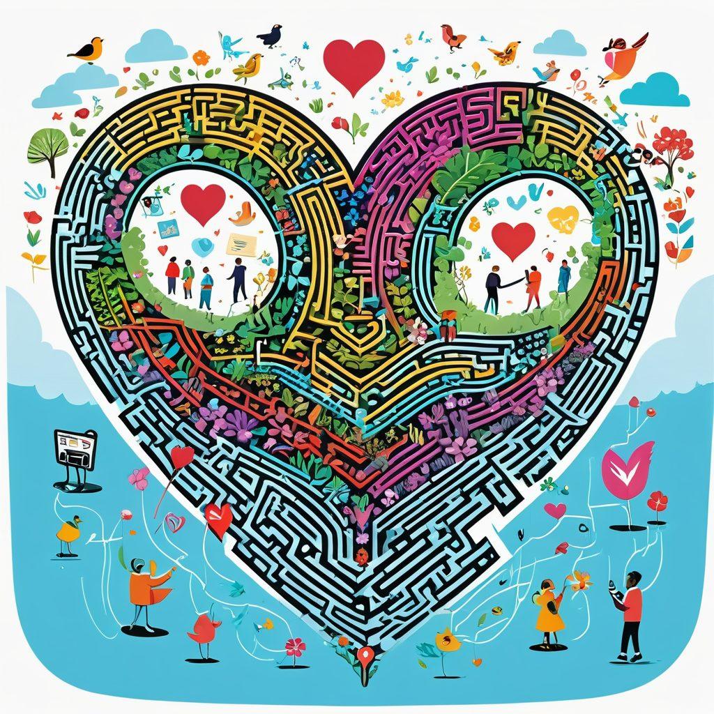 A vibrant illustration of diverse people navigating a colorful maze shaped like a heart, showcasing smart connections with digital devices in hand. Include symbols of love such as flowers and messages, and a bright sky above to symbolize hope and new beginnings. Add whimsical details like birds and floating hearts around the maze. vector art. vibrant colors. white background.